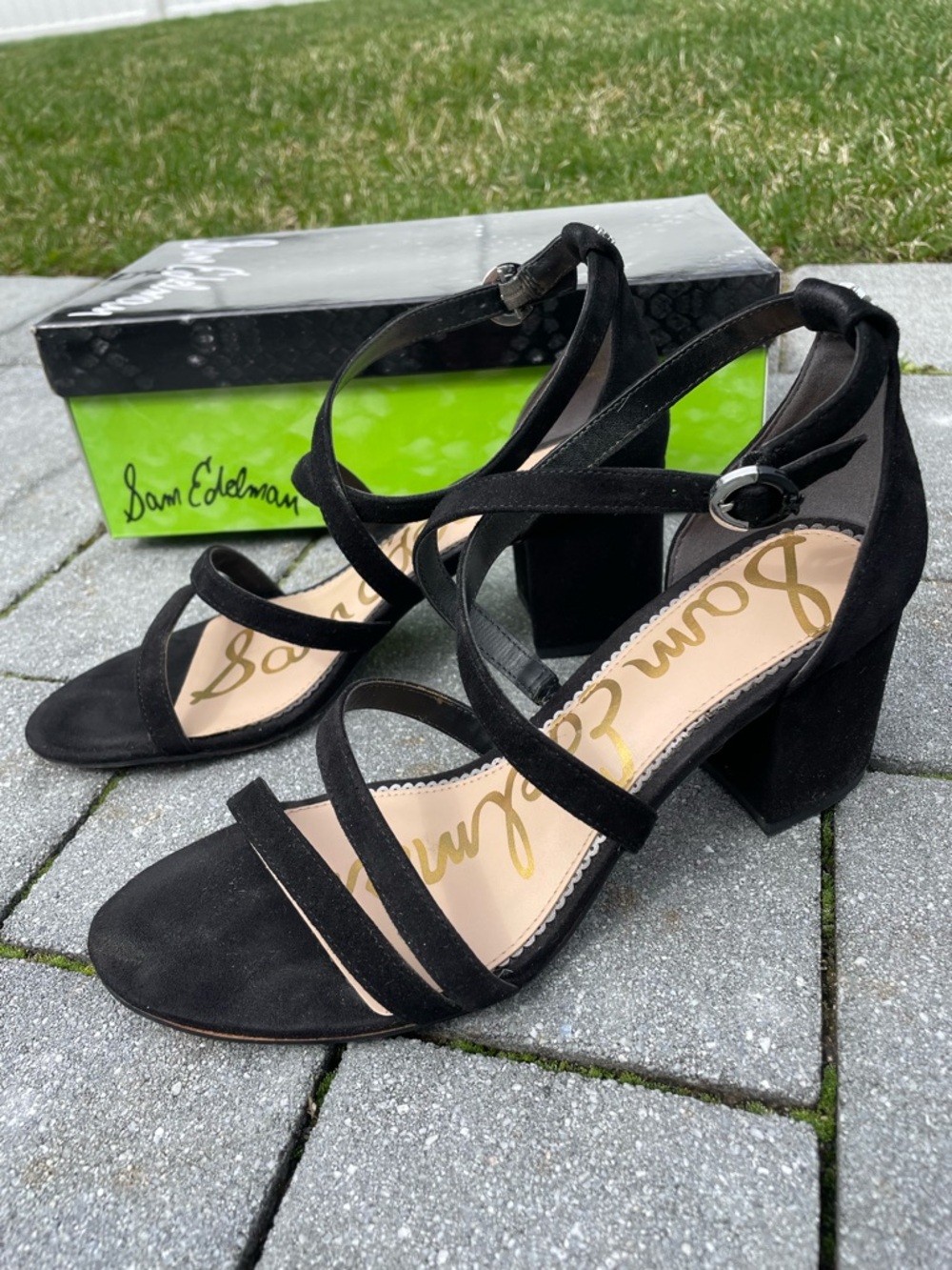 Women’s Sam Edelman Stacie Black Suede Multi-Strap Block Heel Sandals - Picture 3 of 10
